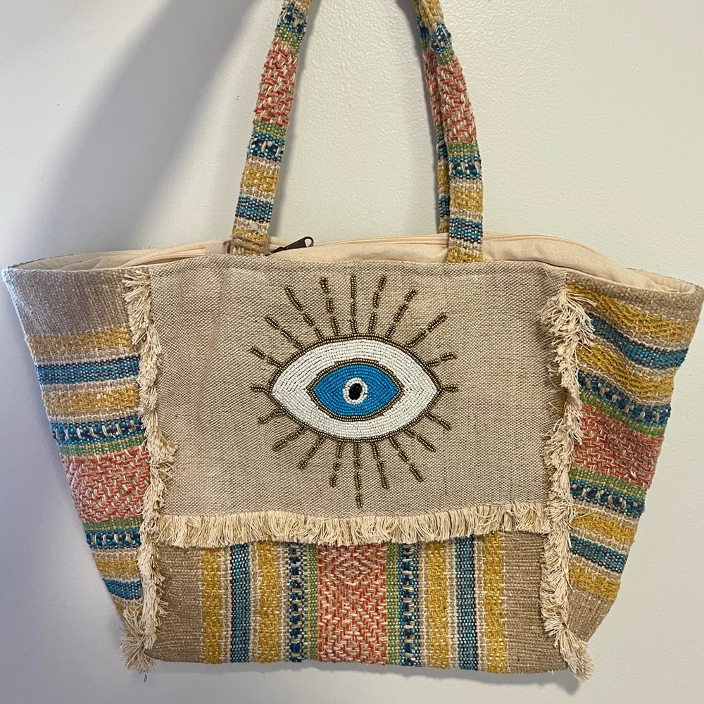 Antik Kraft Bohemian Evil Eye Beaded Embroidered Tote Bag